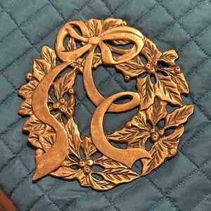 Gold Wreath Ornament with Bow and Holly brass